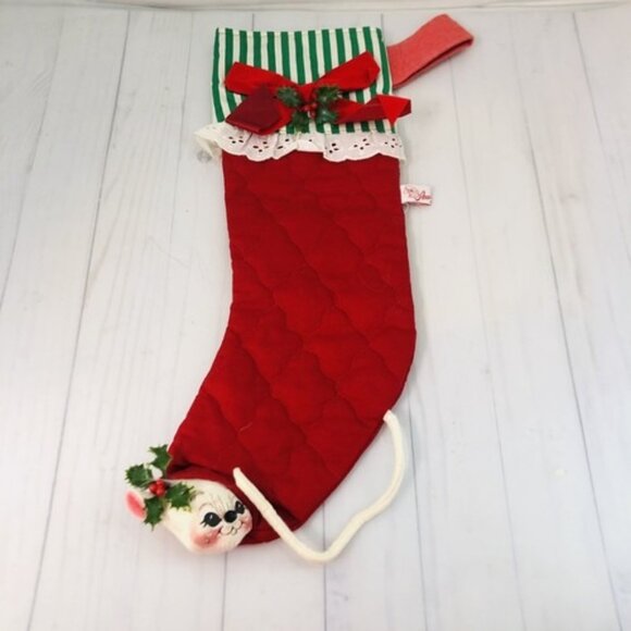 19" Christmas Stocking Annalee Mobilitee Mouse Red Quilted Green White - Picture 3 of 16